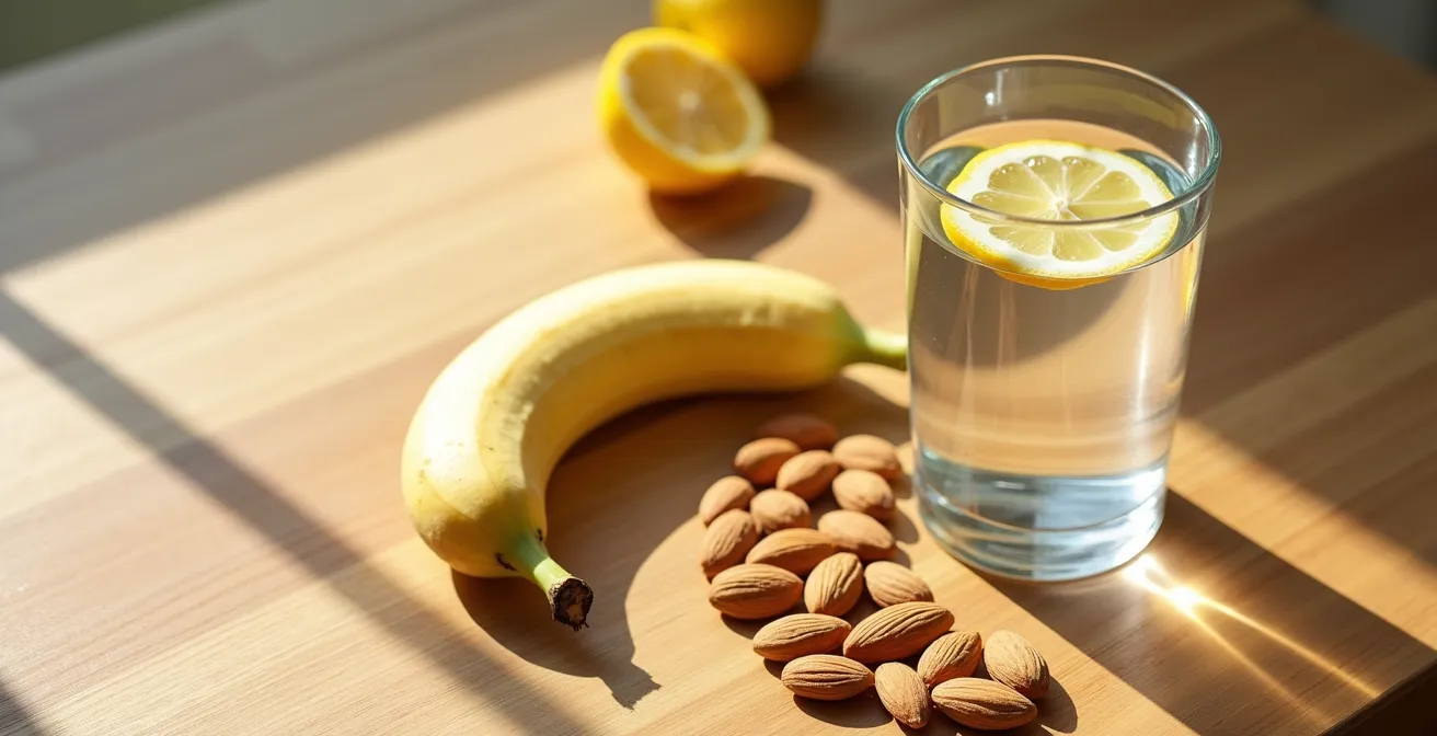 Mesa minimalista con alimentos de recuperación post-pánico: plátano, almendras y vaso de agua con limón