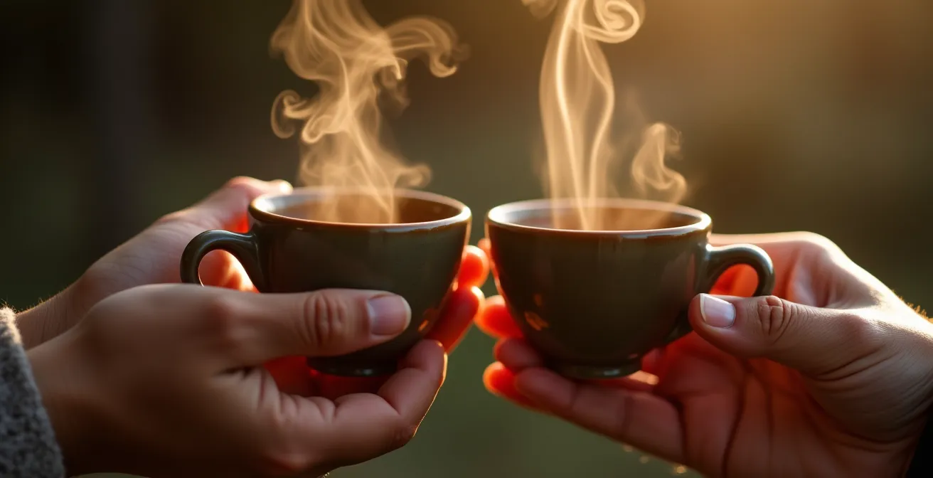 Pareja en ritual de transición relajado después del trabajo para reconectar emocionalmente