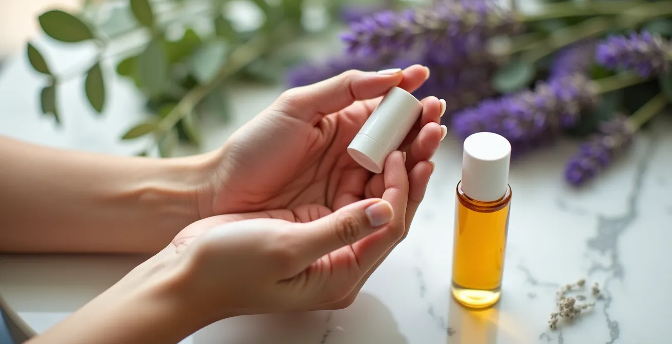 Manos aplicando roll-on de aceites esenciales en muñeca con plantas aromáticas de fondo