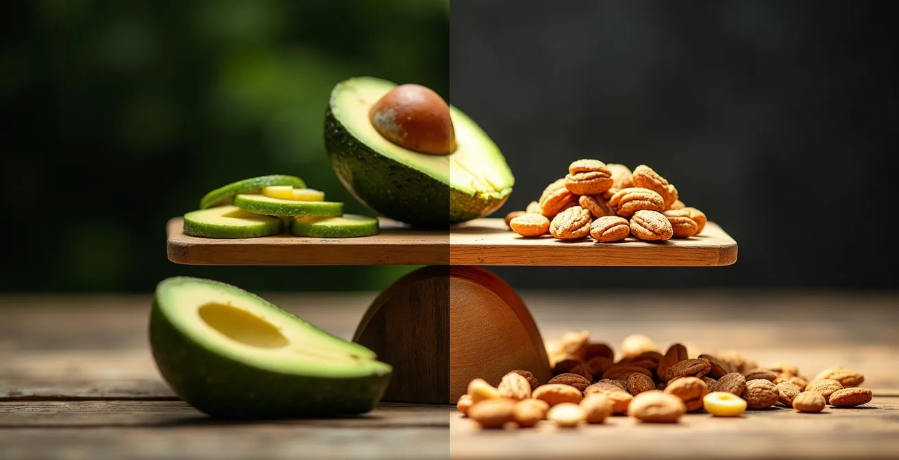 Comparación visual de sustituciones alimentarias con aguacate y nueces, mostrando cómo reemplazan snacks procesados.
