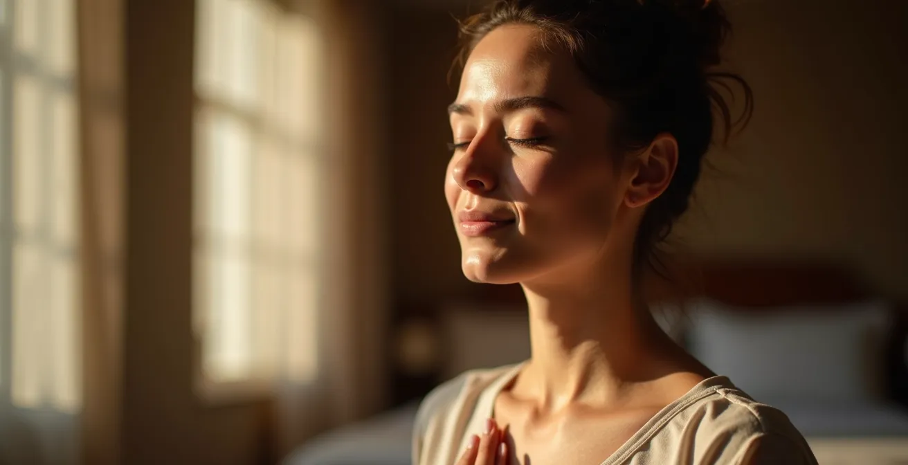 Persona practicando respiración consciente con visualización del flujo de aire y el sistema nervioso