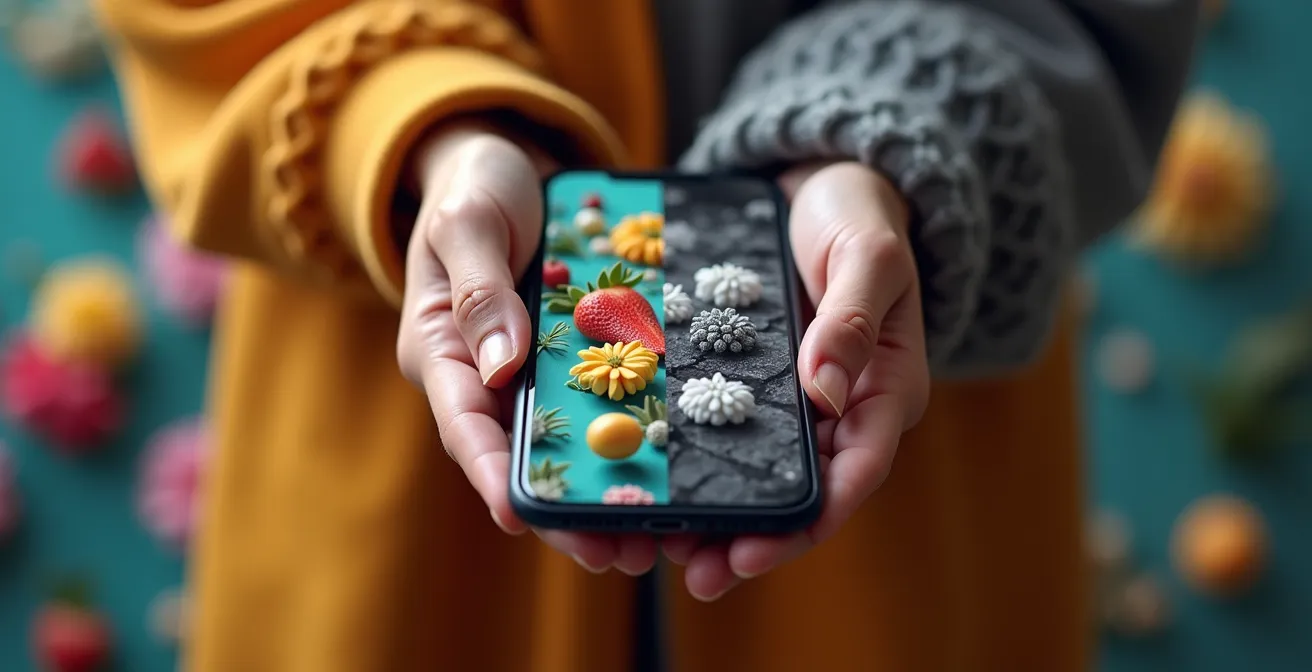 Manos sosteniendo un teléfono móvil con la pantalla configurada en modo de escala de grises, en un ambiente minimalista que simboliza la reducción de estímulos.