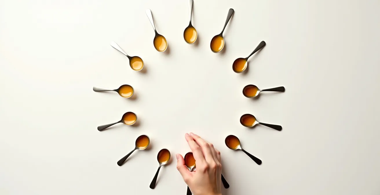 Composición artística de cucharas representando niveles de energía durante el día