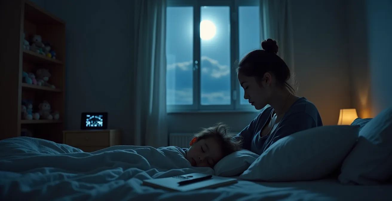 Padres observando a su hijo dormido tras un golpe en la cabeza