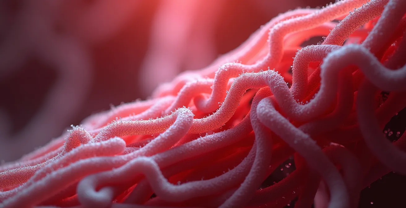 Visualización microscópica de tejido muscular regenerándose con fibras de colágeno