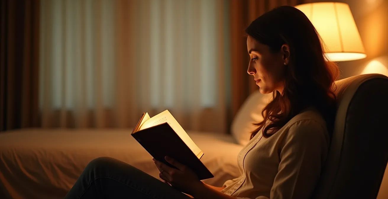 Rincón de lectura separado de la cama para actividades de relajación previas al sueño